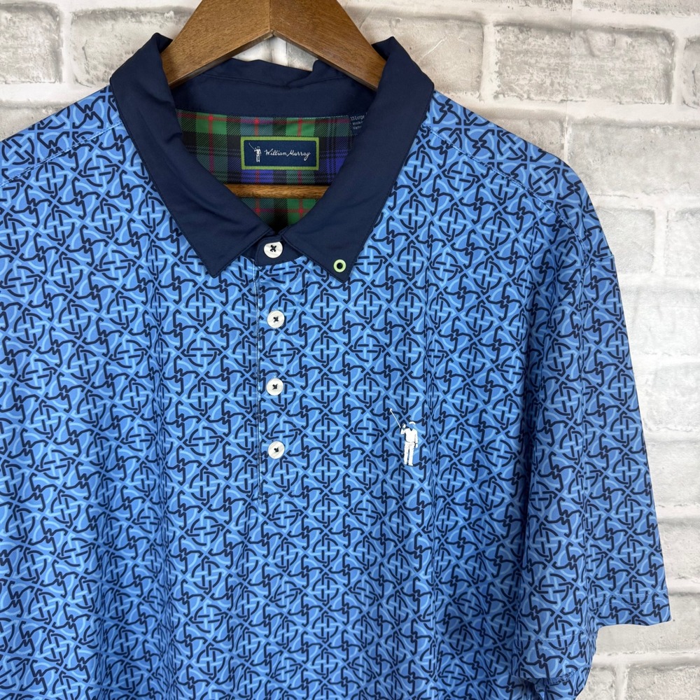 William Murray Golf Polo Shirt Mens XXL Blue Geometric Celtic Print Plaid Trim